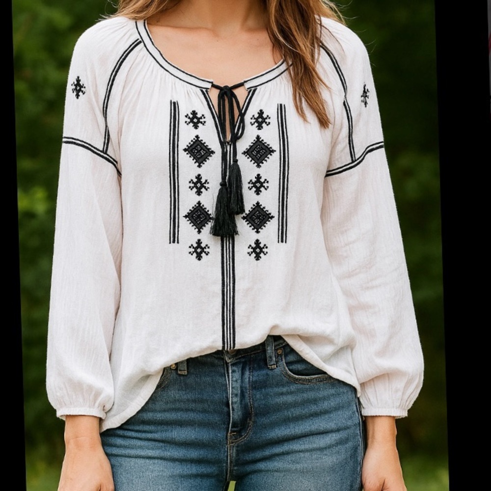 Loft Gauze Lightweight Embroidered Bohemian Blouse White and Blue Size M - Picture 3 of 16
